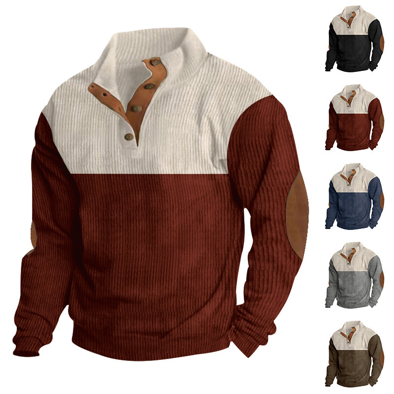 2025 Plus Size Spring Autumn Men's Casual Color Block Stand Collar Sports Corduroy Sweatshirt