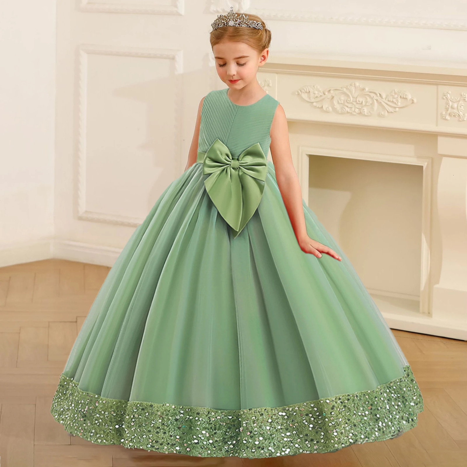 Fluffy Sequin Bridemaid Princess Girls Dress Elegant Bow Pink Wedding Prom Evening Kids Party Dresses for Girl Birthday Costumes 251023