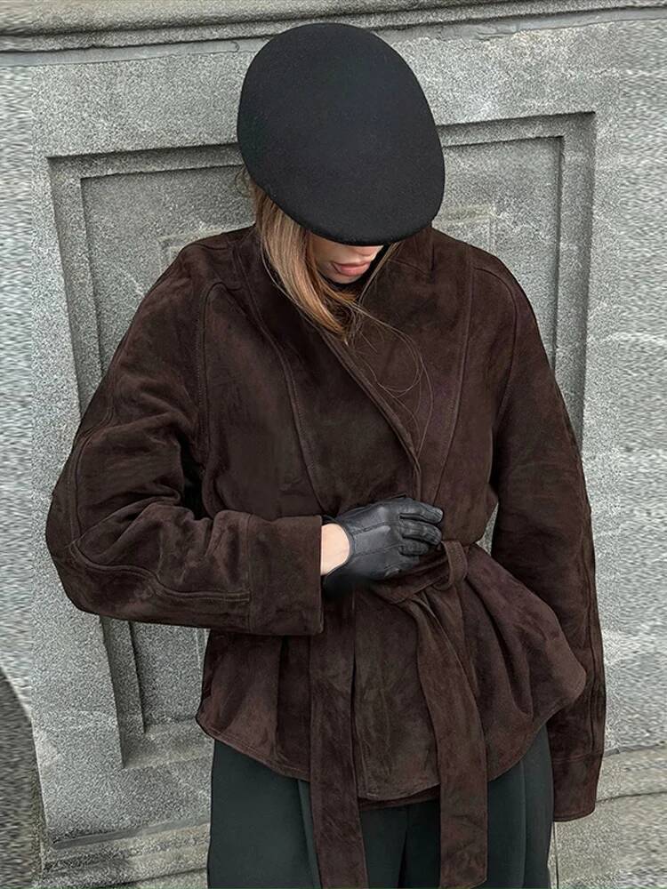 Vintage Suede Jackets Women Loose V Neck One Button Long Sleeves Belt Coat Female 2025 Autumn Fashion Solid High Street Outwears dongdumaoyi