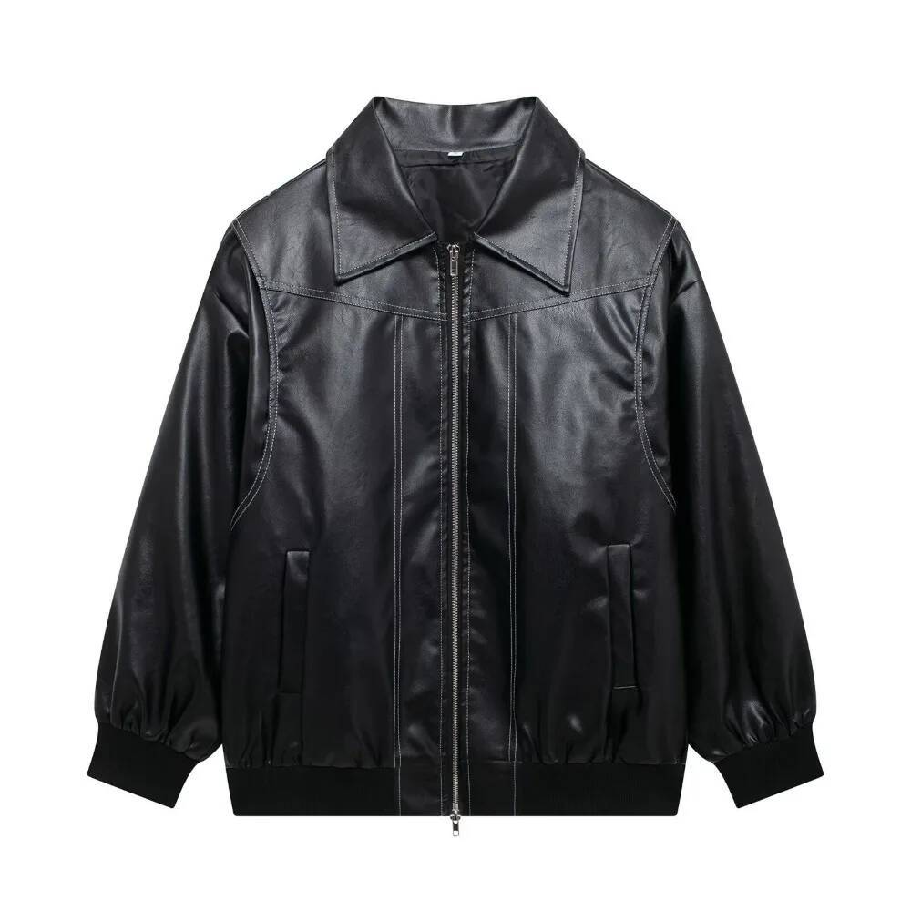 2025 Autumn New Style Retro Collar Leather Coat Jacket dongdumaoyi