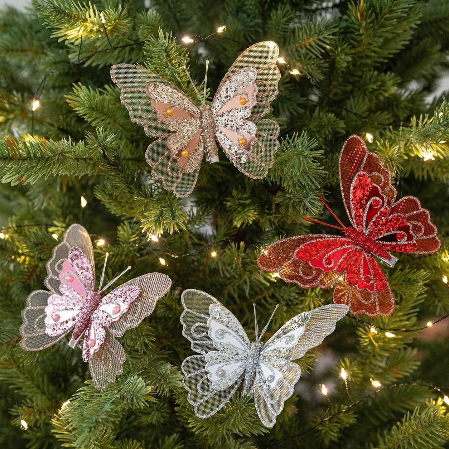 3pcs New Christmas Decoration Simulation Double Sequins Feather Butterfly Hanging Christmas Tree Decoration Hanging C251024