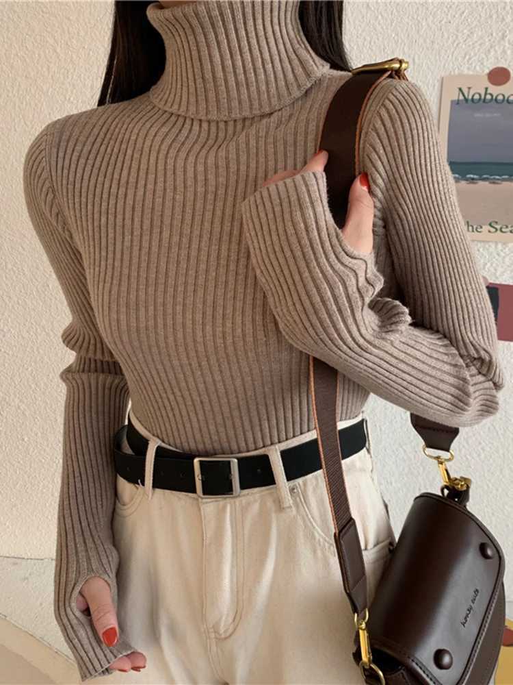2025 Winter Knitted Turtleneck Sweater Basic Rib Fall Casual Slim Pullover Womens Elasticity Jumper Pull Femme With Thumb HoleT251025
