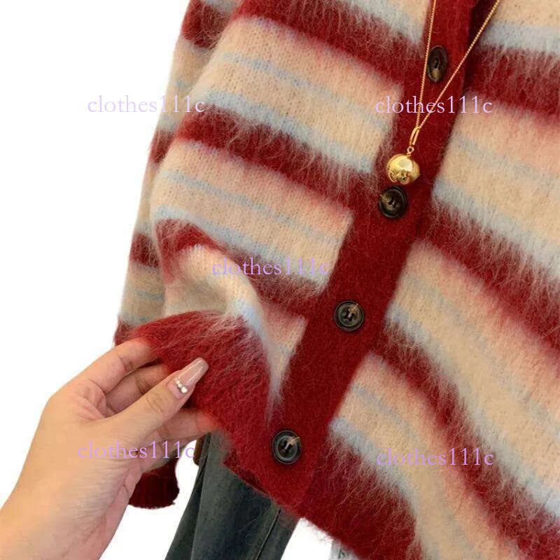Autumn Winter New Sweet Red Striped Mohair Knitting Cardigan For Women Fashion Round Collar Single Breasted Sweater Coats