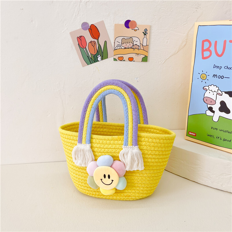 New children's handbag, cotton rope woven girl's bag, gift basket, children's shoulder bag, cartoon sunflower designer rainbow bag