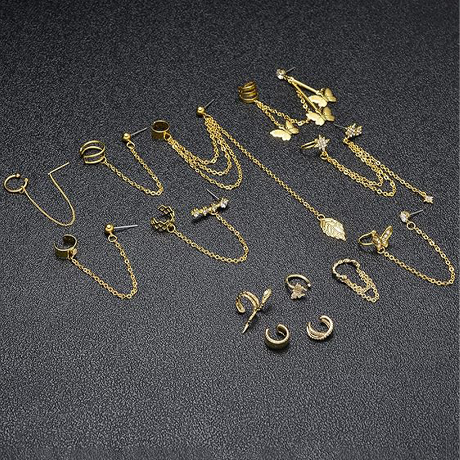 Ear Cuff Earrings for Women Stainless Steel Cuff Chain Drop Dangling Earrings Helix Cartilage Cuff Earring Non Pierced Adjustable Gold Tone