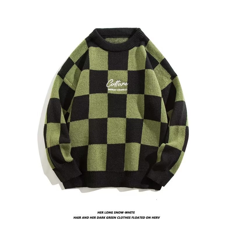 Green Checkerboard Sweater Knitted Sweater Plaid Round Neck Designer Sweater Loose Sweater Unisex Spring Autumn Lazy Style Design Sense Small