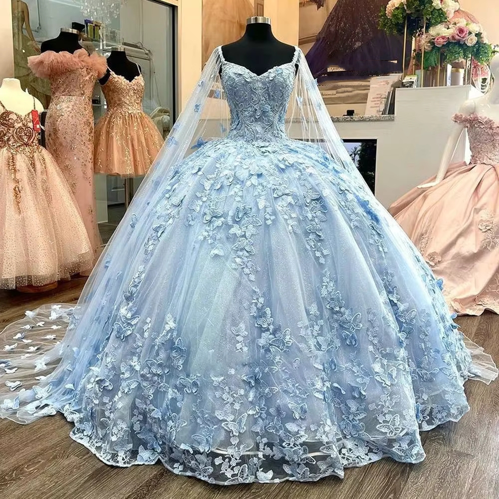 Light Sky Blue Butterfly Lace Quinceanera Dresses With Long Wrap Spaghetti Sleeveless Ball Gown Celebrity Party Dress 16 Yearls Old Junior Girls Birth
