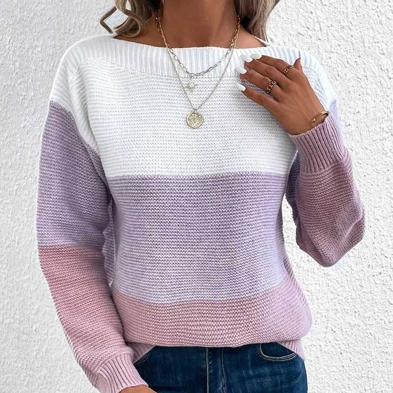 New Autumn Winter Knitted Sweater Womens Contrast Color Splicing Round Neck Long Sleeve Pullover TopT251025