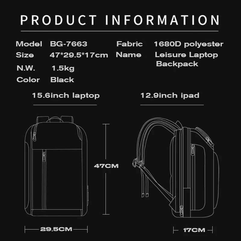 BANGE Waterproof Man Backpack Multifunctional Fits 156 inch Laptop Bag Multilayer Pockets School Backpack with USB Recharging W251025