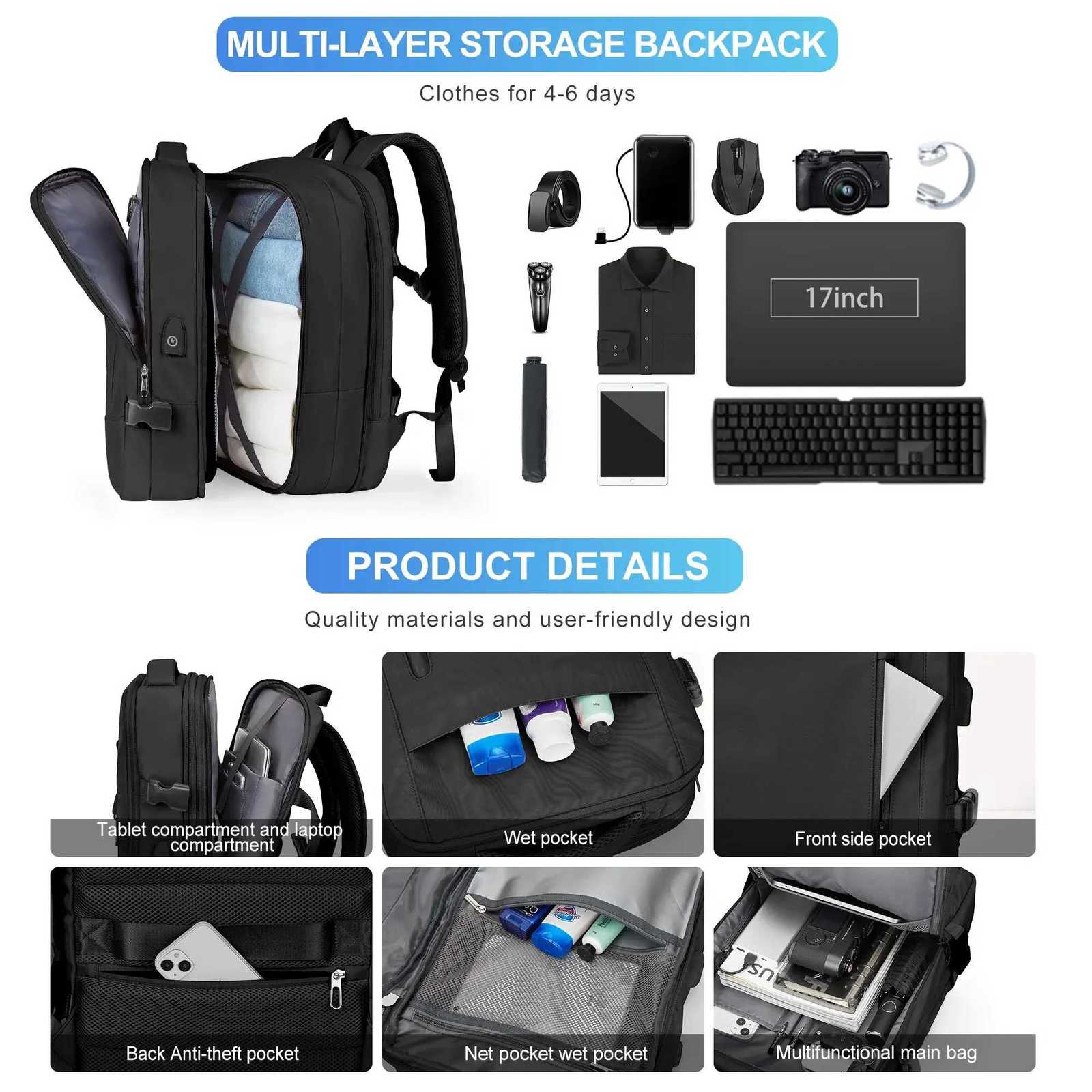 Likros Men Backpack Business Travel Backpack Carry on Waterproof Expandable Backpacks Large Capacity Weekend Traveler Laptop Bag W251025