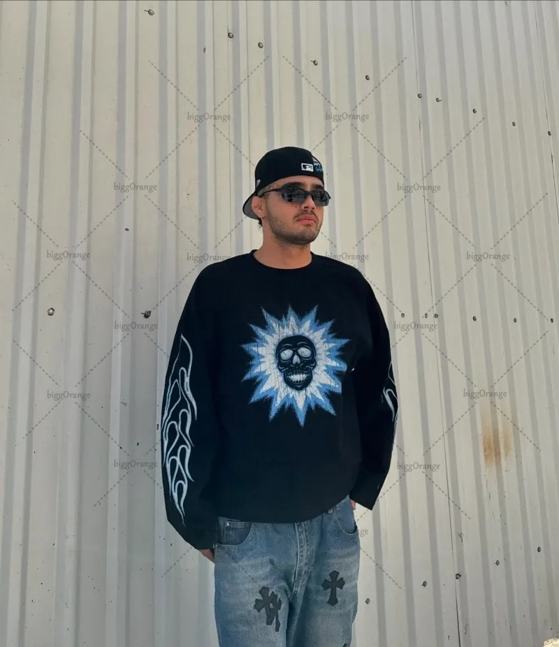 Gothic Punk Harajuku Y2K Casual Loose Black Cotton Long Sleeve Men American Retro Street Hiphop Fashion Oversized Top Women 251020