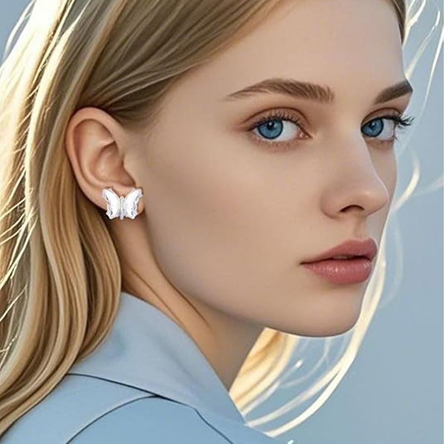 6 Pairs Butterfly Shape Crystal Clip on Earrings Non Pierced Stud Multicolored CZ Earrings for Women Silver Tone