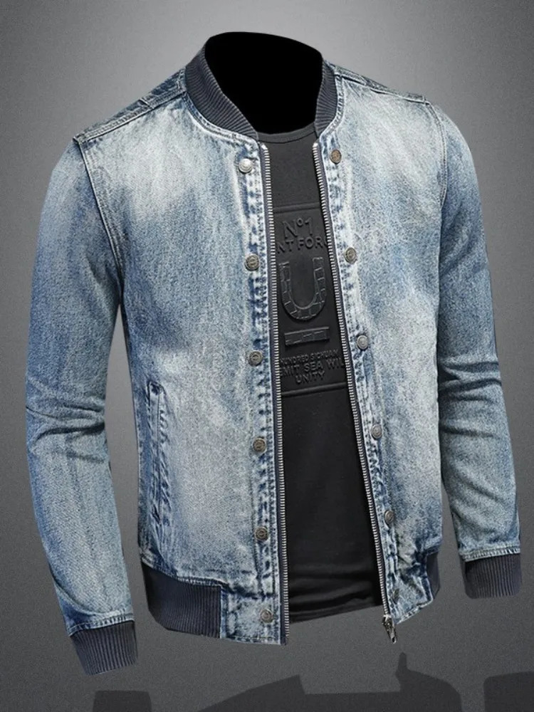 Mens Denim Bomber Jacket Slim Fit Vintage Moto Biker Short Cargo Coat Male Long Sleeve High Street Stand Collar Pilot Jackets 251017