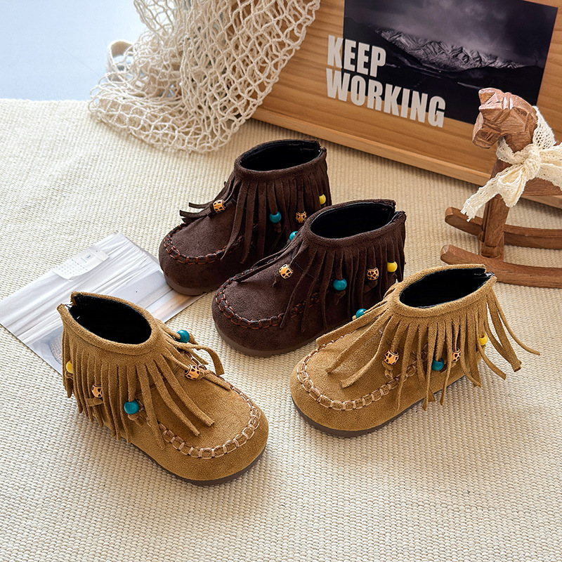 Retro fashion designer princess children's shoes, girls' tassel boots, girls' boots, velvet short boots, girls' autumn and winter 