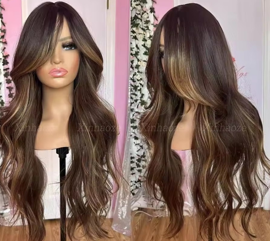 Highlight Honey Blonde Balayage Wig Body Wave Human Hair Lace Front Wig with bang fringe Frontal ombre chestnut brown Colored Human Hair hd lace Wig