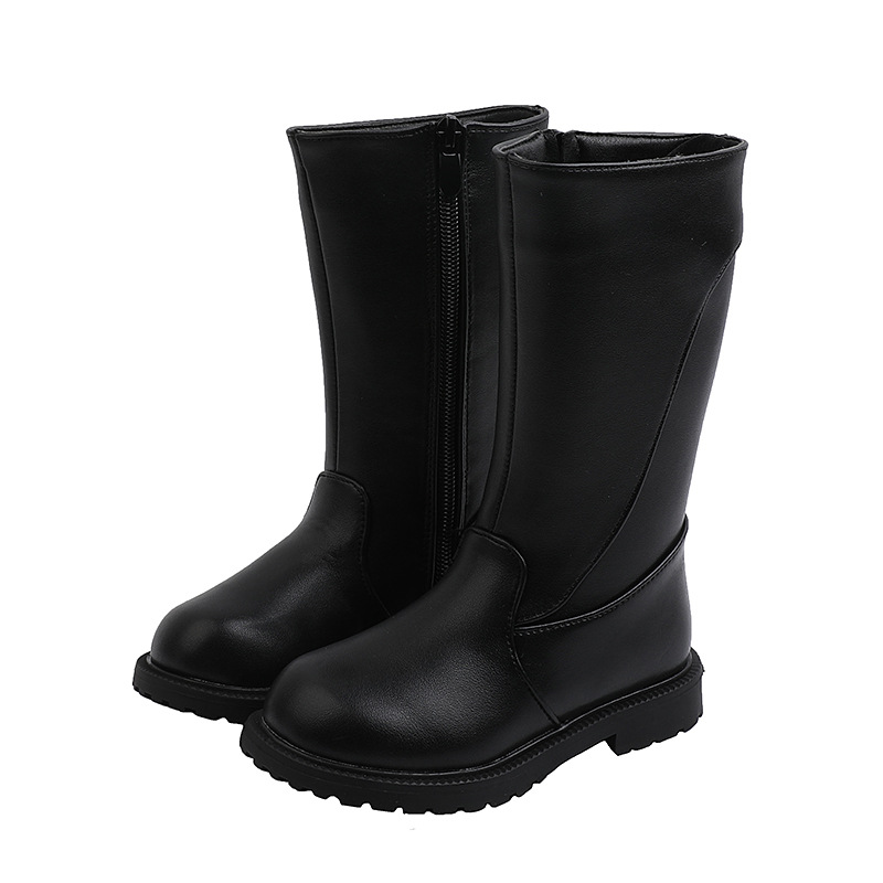 Girls Long Boots Black PU Leather Kids High Boots Winter Fashion Design Warm Fur Kidsnest Children Girl Motorcycle Boots Sizes 26 - 36 US9C-US4Y K1177