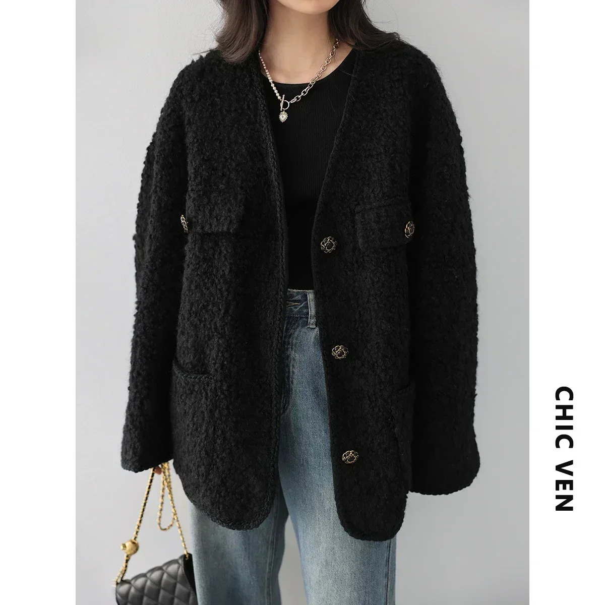 CHIC VEN Fashion Womens Wool Coat Single Breasted Vintage Jacket VNeck Office Lady Overcoat Female Tops Spring Autumn 251020