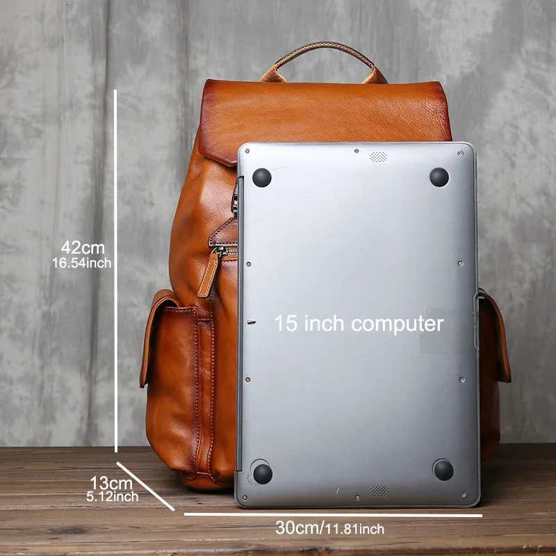 Solid Color Highcapacity Tree Cream Genuine Leather Backpack With Simple Drawstring Top Layer Cowhide 15 Inch Computer Bag W251025