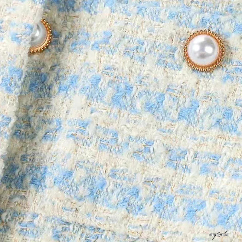 Cropped Cardigan: Elegant Single-Breasted Autumn/Winter Pearl Button Long Sleeve Outwear Top - Perfect For Chic Style, Ladies Blue Tweed Jacket Ddmymo
