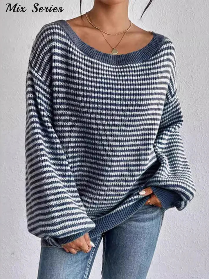 Loose Striped Drop Shoulder Pullover Women Oversized Long Lantern Sleeve Oneck Sweaters Autumn Female Casual Knitwear 251023