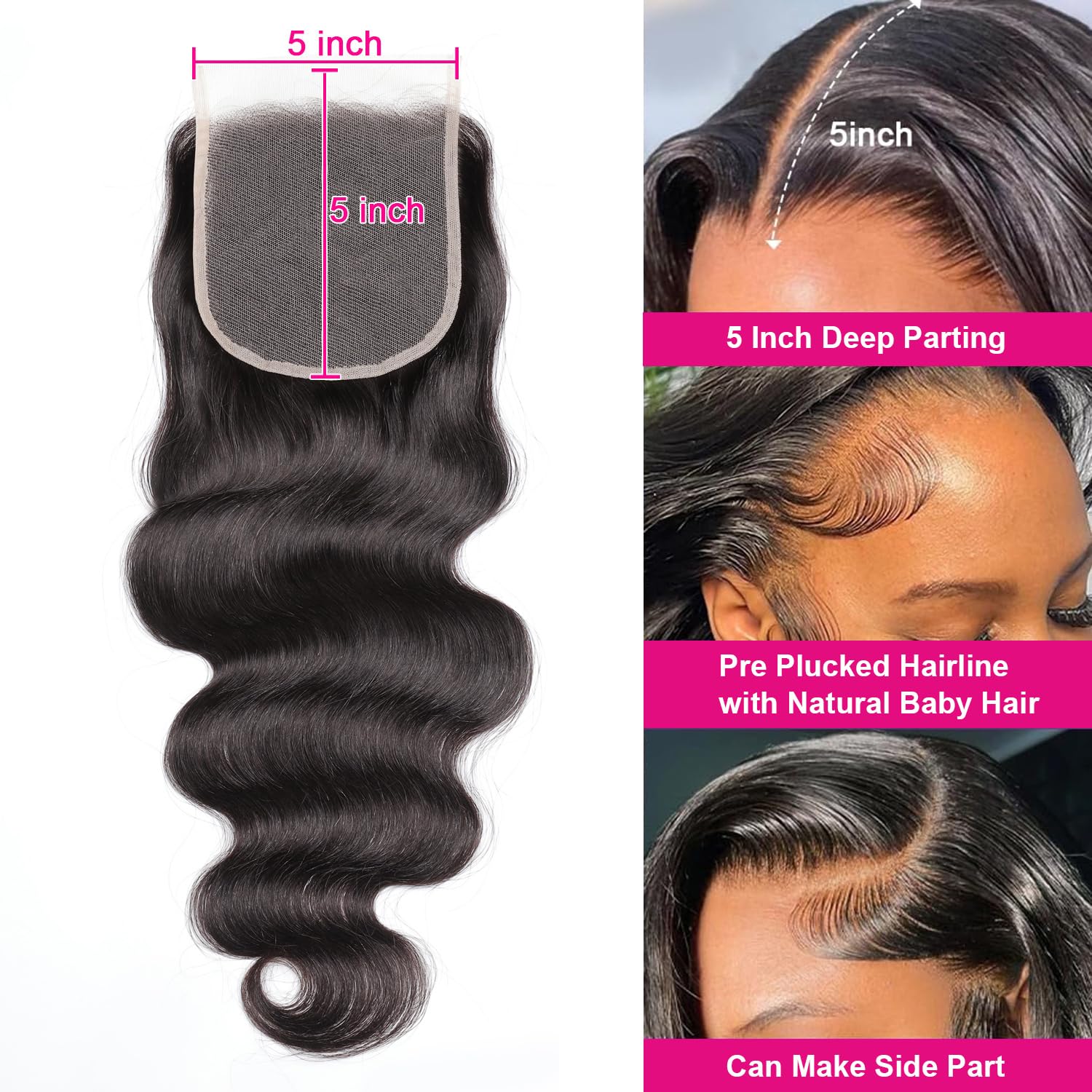 5x5 Lace Closure Body Wave Unprocessed Virgin Human Hair Free Part 10-20 Inch Natural Black Can Be Dyed Styled Glueless Wear