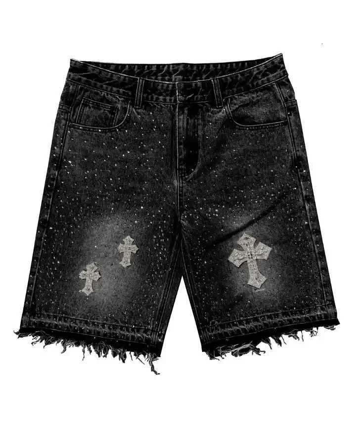 Streetwear Mens Womens Cross Rhinestone Denim Shorts Y2K Jeans Hip Hop Cross Sequins Vintage Baggy Gym Shorts Basketball ShortsXJ251025
