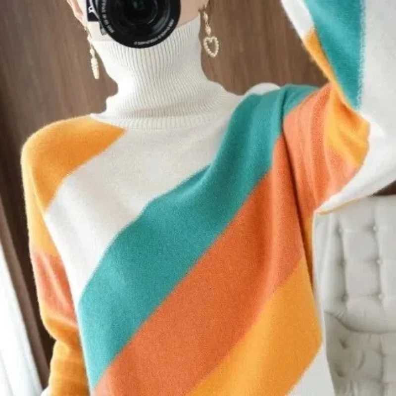 Autumn Winter New Turtleneck Long Sleeve Fashion Sweater Women High Street Contrast Color Pullovers Casual Elegant Allmatch TopT251025