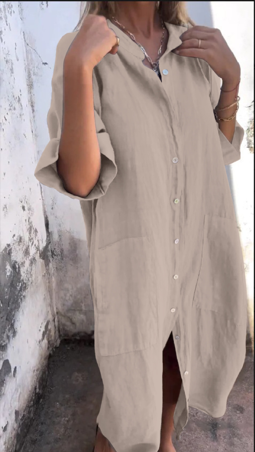 2025 New Womens Loose Fashion Casual Solid Color Half Sleeve Shirt Dress