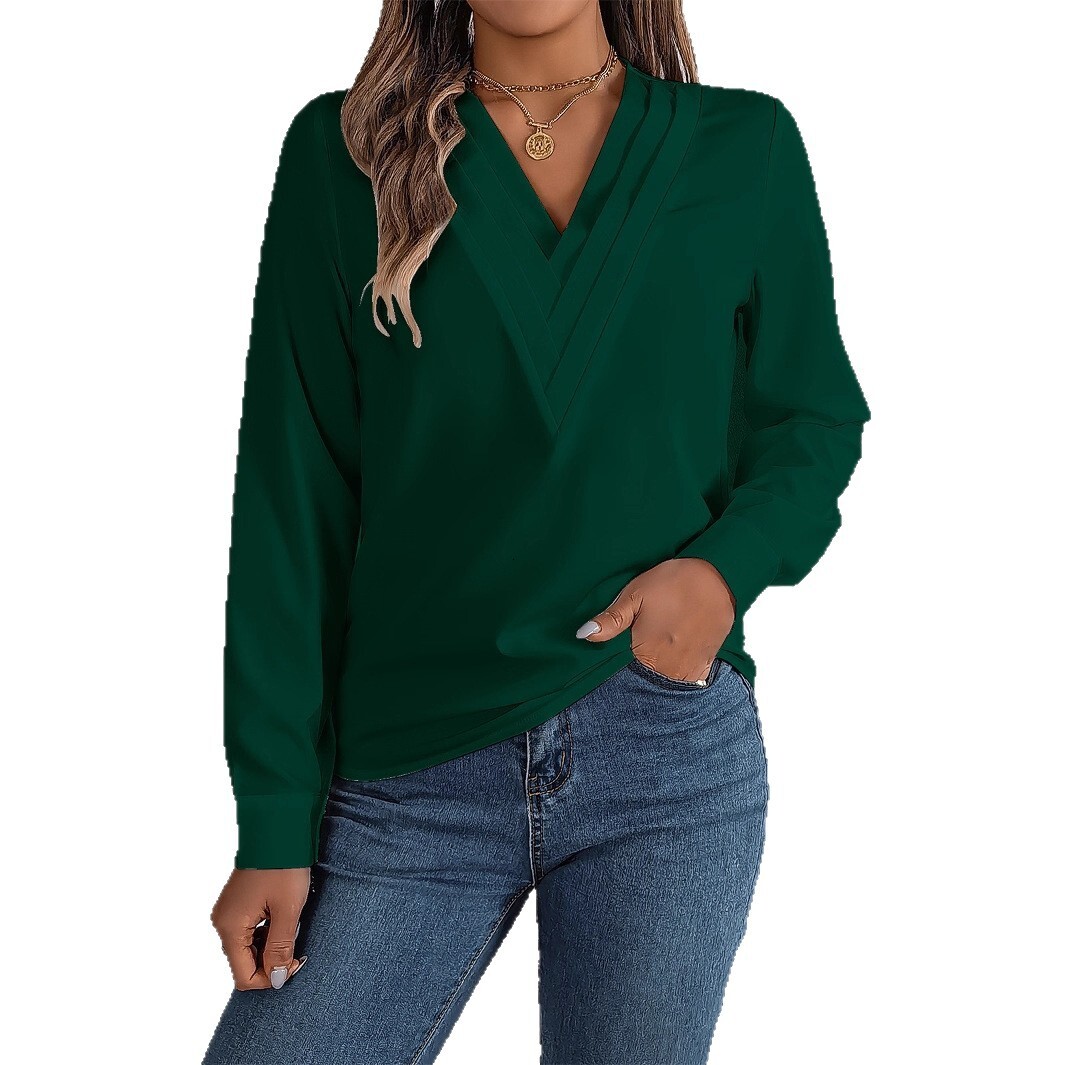 2025 New VNeck Long Sleeve Shirt Fashion Sexy Solid Color Elegant Top for Women