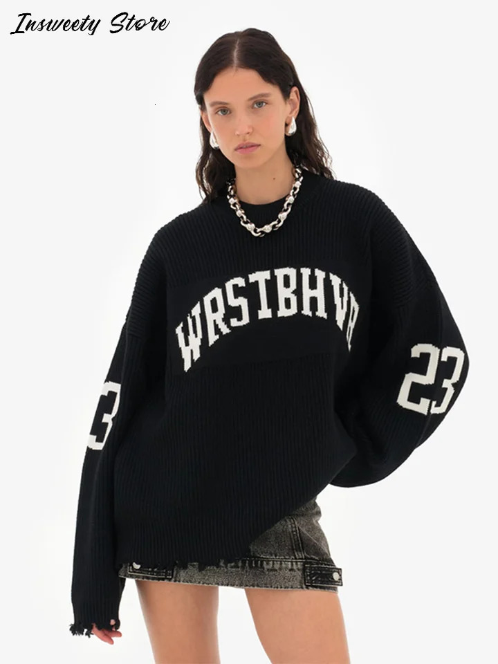 Fashion Letter Jacquard Knit Pullover Womens Oversize Long Sleeve Oneck Classic Sweater Autumn Lady Casual Outerwear 251021