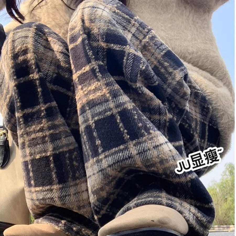 Fleecing Wide Leg Pants Women Winter Thick Plaid Straightleg Floorlength Trousers Fashion Warm Wool Casual Thickened TrousersT251025