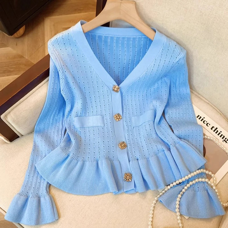 YuooMuoo Women Cardigans Autumn Buttons Vneck Slim Waist Ruffled Knitted Tops Chic Fashion Lady Sweaters Shirts 251020