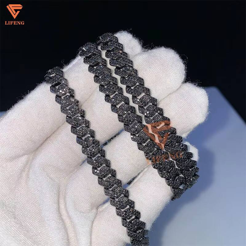 Hip Hop 925 Sterling Silver Mens Cuban Link Chain with VVS Black Moissanite Prong 8MM Iced Fine Jewelry Passed Diamond Tester