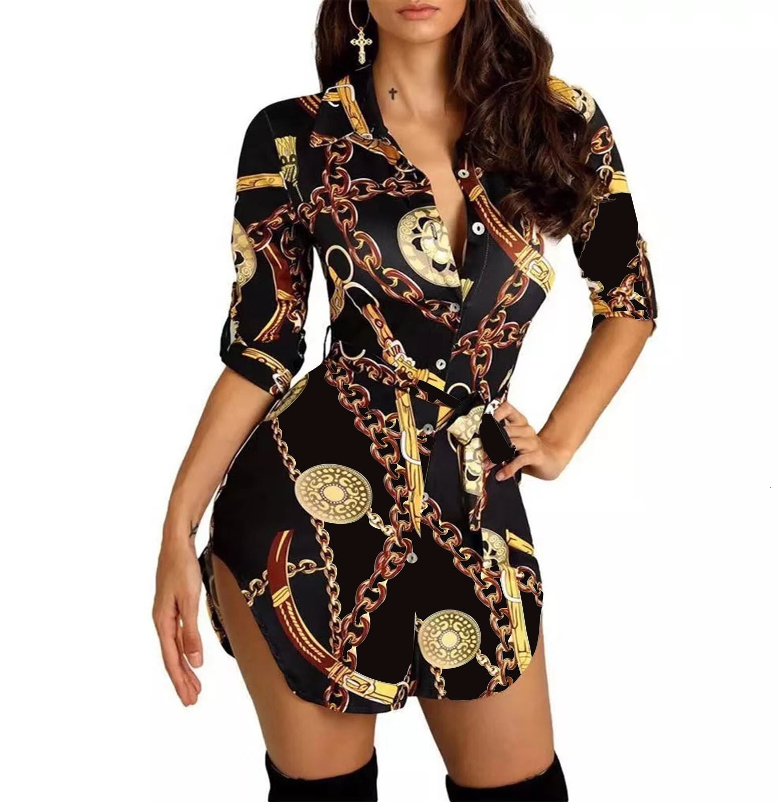 European and American butterfly dress 2025 designer autumn and winter new fashionable and sexy gold chain short skirt printed dress