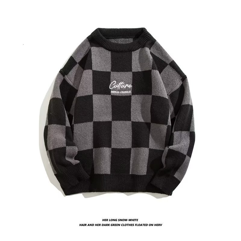 Green Checkerboard Sweater Knitted Sweater Plaid Round Neck Designer Sweater Loose Sweater Unisex Spring Autumn Lazy Style Design Sense Small