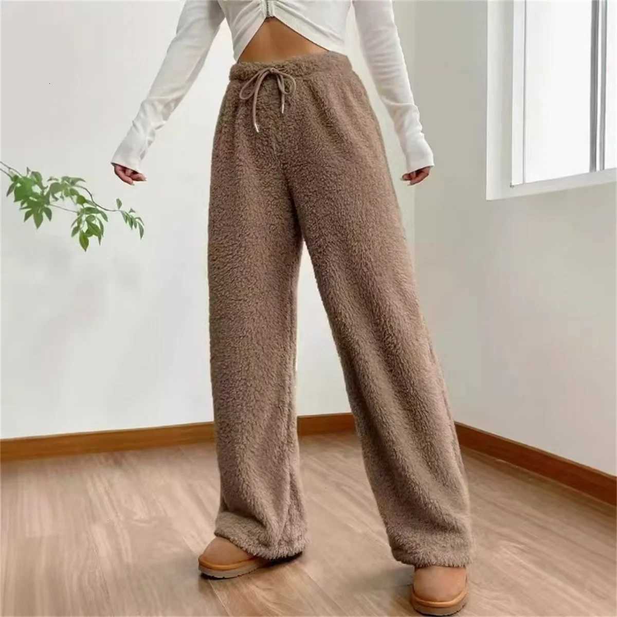 Women Drawstring Autumn Winter Pant Fashion High Wasit Plush Warm Pants Casual Straight Outfit Trousers Lady Streetwear VintageT251025