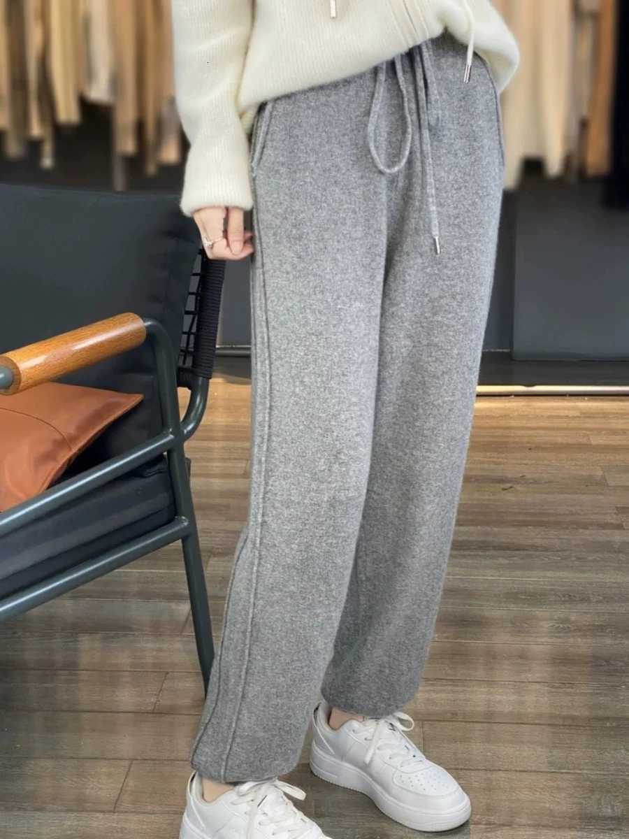High Waist Slim Fit Pants Womens Casual Elastic Waist Dstring Straight Leg Wool Slimming Knitted Base Layer Pants XT1581T251025