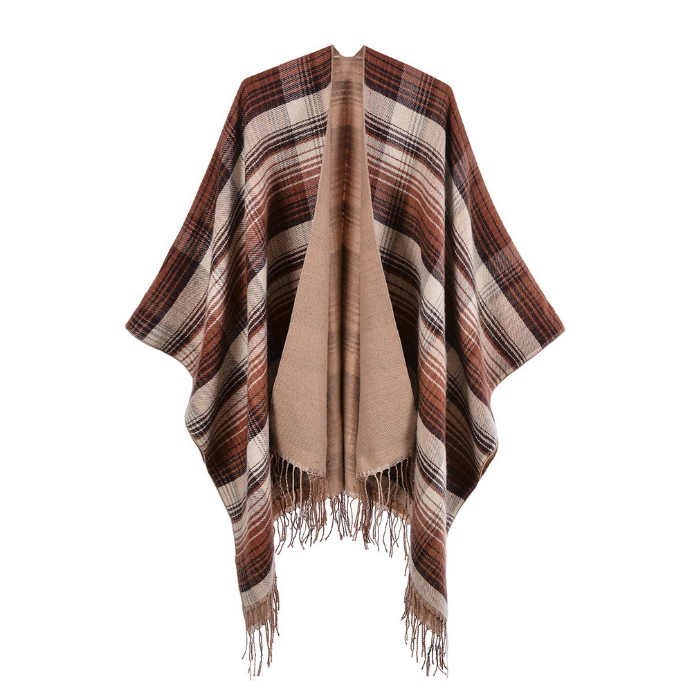 Scottish Classic Colorful Plaid Shawl Cape Imitation Cashmere Tassel Thickened Warm Split Shawl