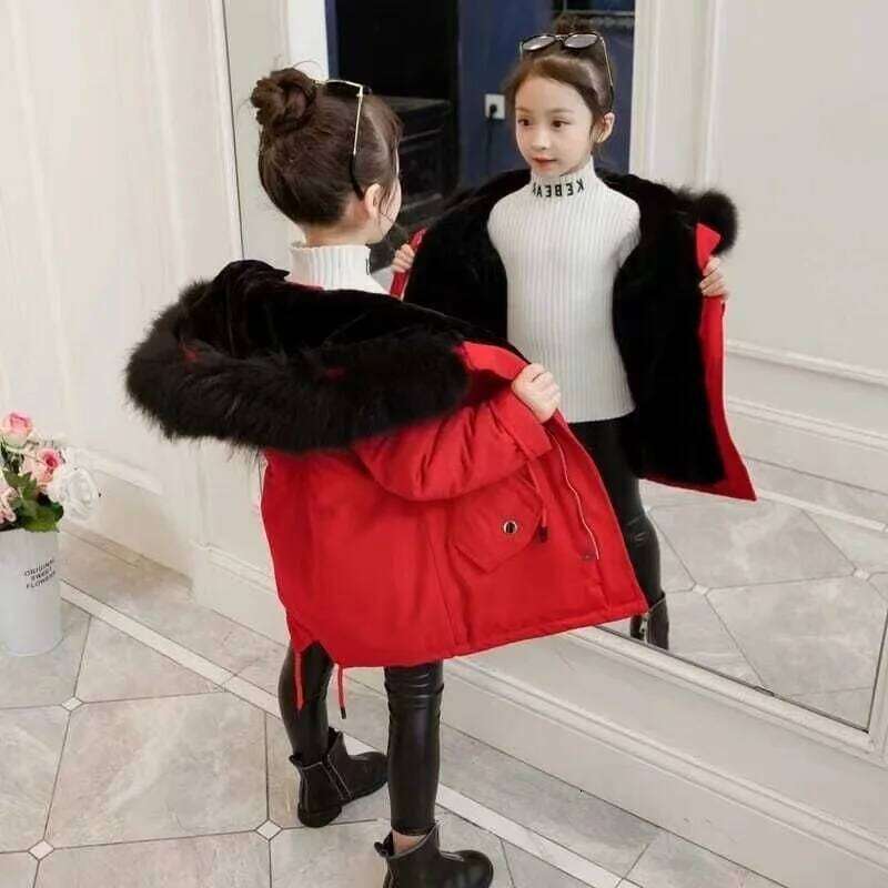 Teenager Girls Fur Collar Hooded Winter Coat 2025 New Kid Solid Color Waist Cinching Thicken Warm Parka Children Snowsuit