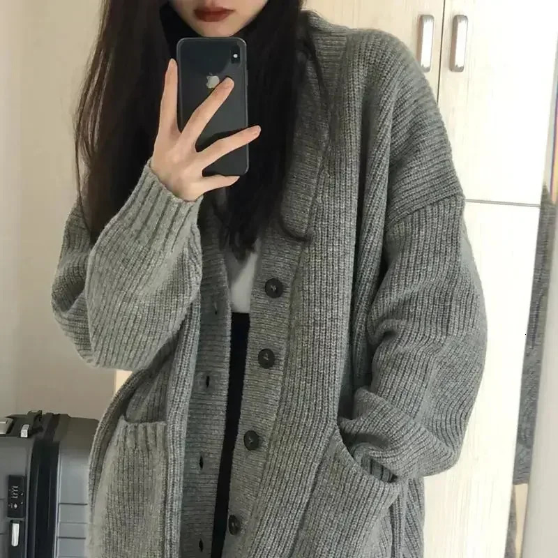 Preppy Style Womens Knit Sweater Cardigan Loose Fit Vneck Versatile Solid Color Korean Version Pullovers 251013