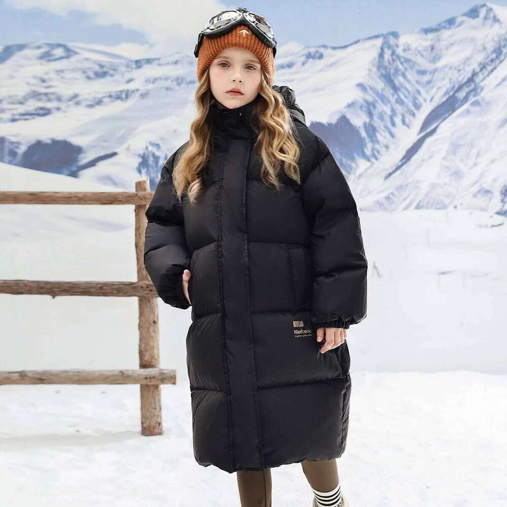 Winter Warm Girls Stylish Gold Letters Long Hooded Zip Puffer Jackets School Kids Thick Coats Children Outfit Windbreaker 4-16Yr