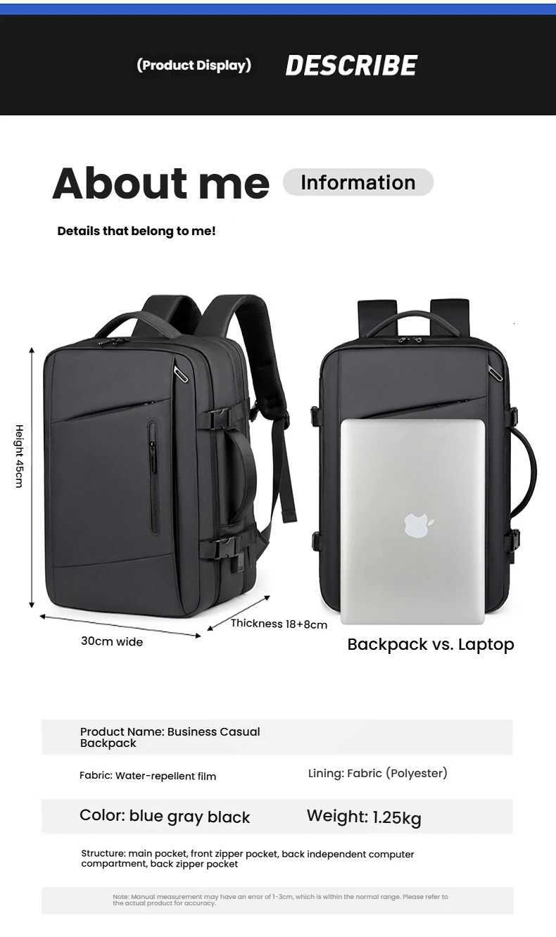 Travel Backpack Men Business Backpack School Expandable USB Bag Large Capacity Laptop Waterproof Fashion Backpack W251025