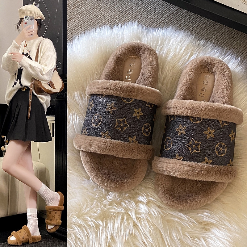 Free shipping fashionable woolen slippers for women outerwear new autumn and winter style leather one-line plush cotton slippers black beige camel khaki 35-40