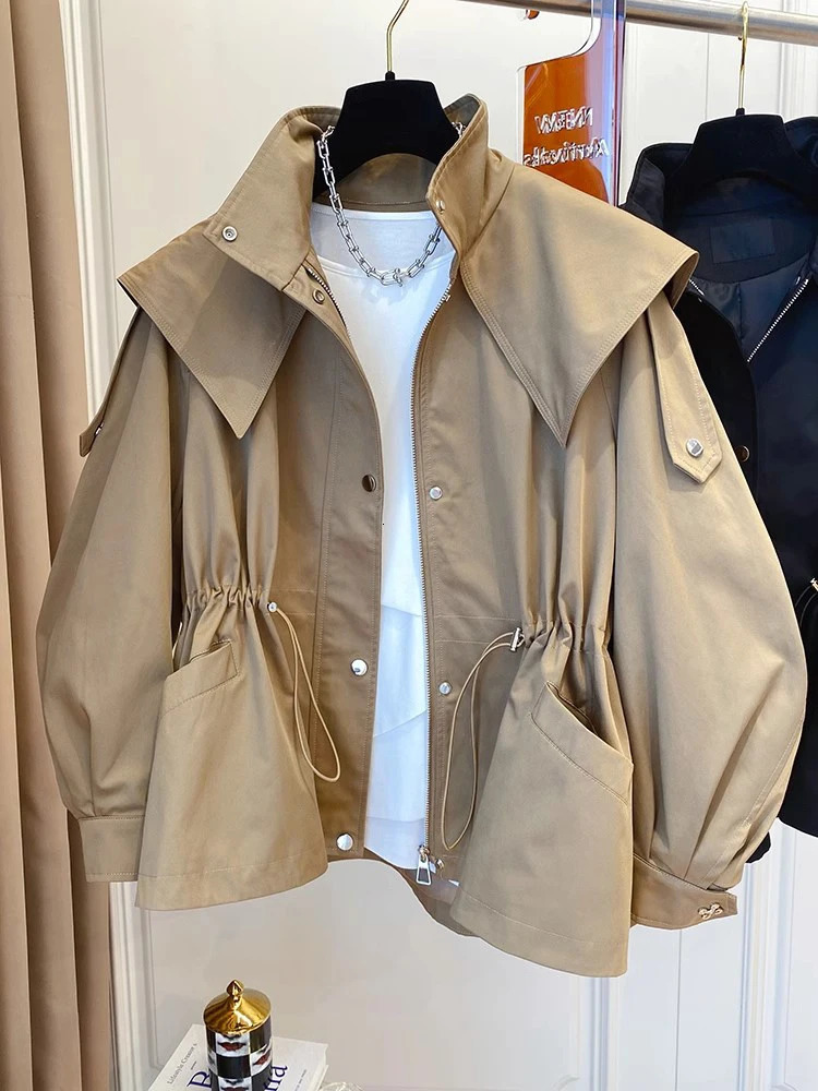 Autumn Trench Coat Women Vintage Hooded Jackets Female Elegant Fashion Drawstring Trench Ladies Casual Loose Zipper Cropped Coat 251013