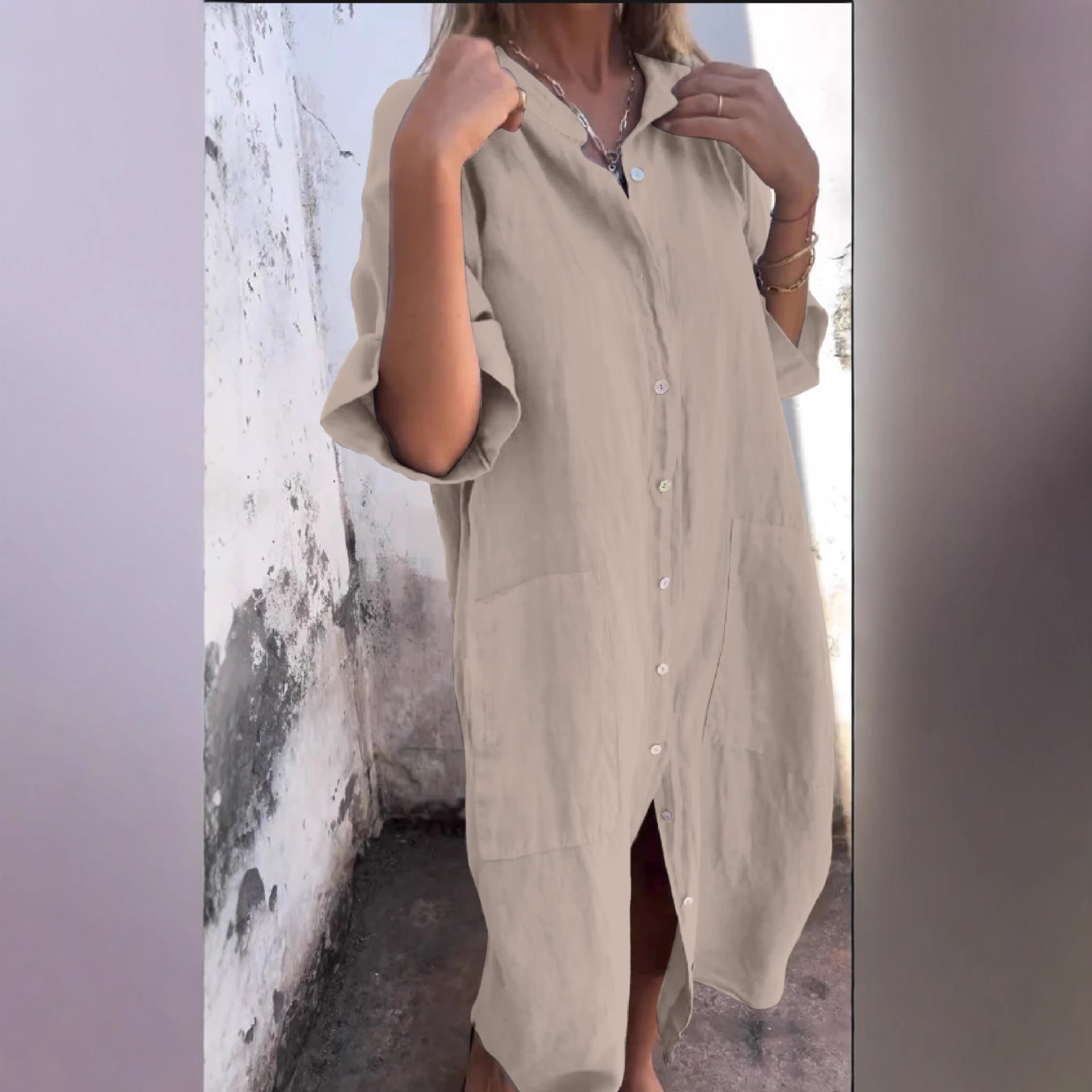 2025 New Womens Loose Fashion Casual Solid Color Half Sleeve Shirt Dress