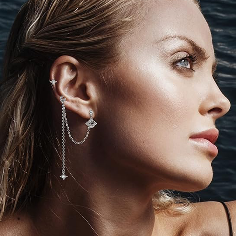 6 Pairs Cuff Earrings Chain Drop Dangle Earrings with CZ Inlaid Wrap Threader Tassel Earrings Cartilage Double Piercing Holes Stainless Steel Earring 