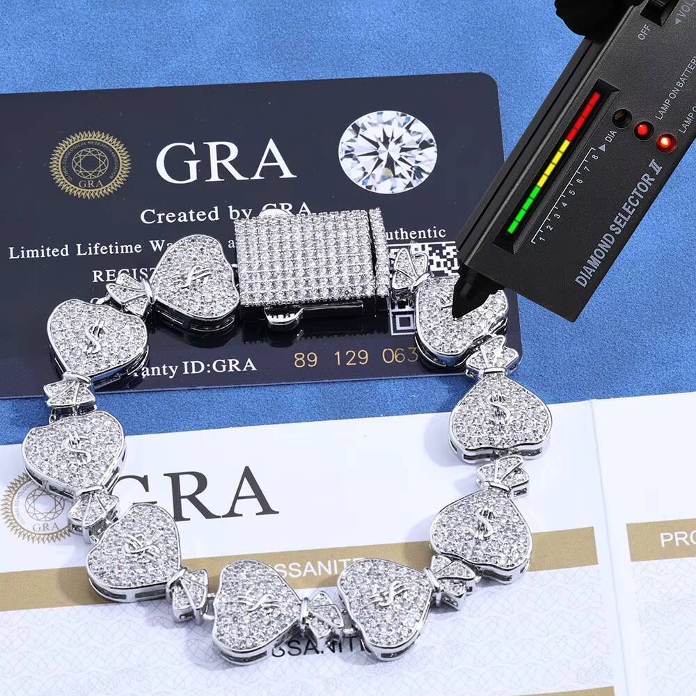 15mm High End S925 Silver Moissanite Mens Bracelet CrossBorder HipHop Money Bag Cuban Chain Butterfly Shape