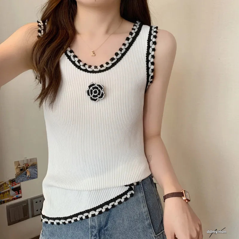 Floral Camisole Sweater - Women's Knitted Tank Top With Rose Accents For Stylish Layering Ddmymon