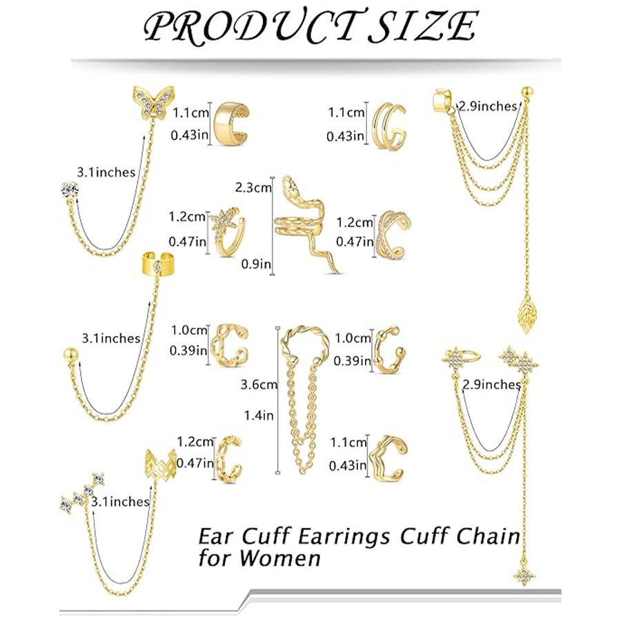 Ear Cuff Earrings for Women Stainless Steel Cuff Chain Drop Dangling Earrings Helix Cartilage Cuff Earring Non Pierced Adjustable Gold Tone