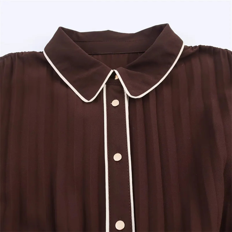 Womens Dresses Fall 2025 Russet Long Sleeves with Belt Pleated Embellished Midi Dress Maxi Dress Casual Fashion Personality 251023